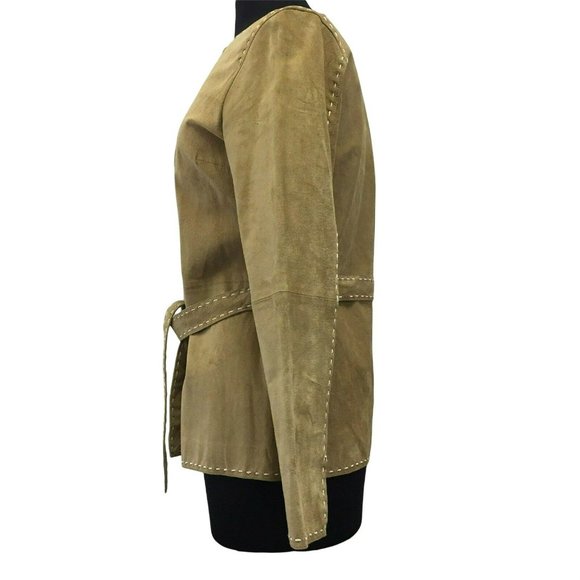 INC Coat M Brown Tan Genuine Leather Belted Boho Womens - Picture 6 of 12